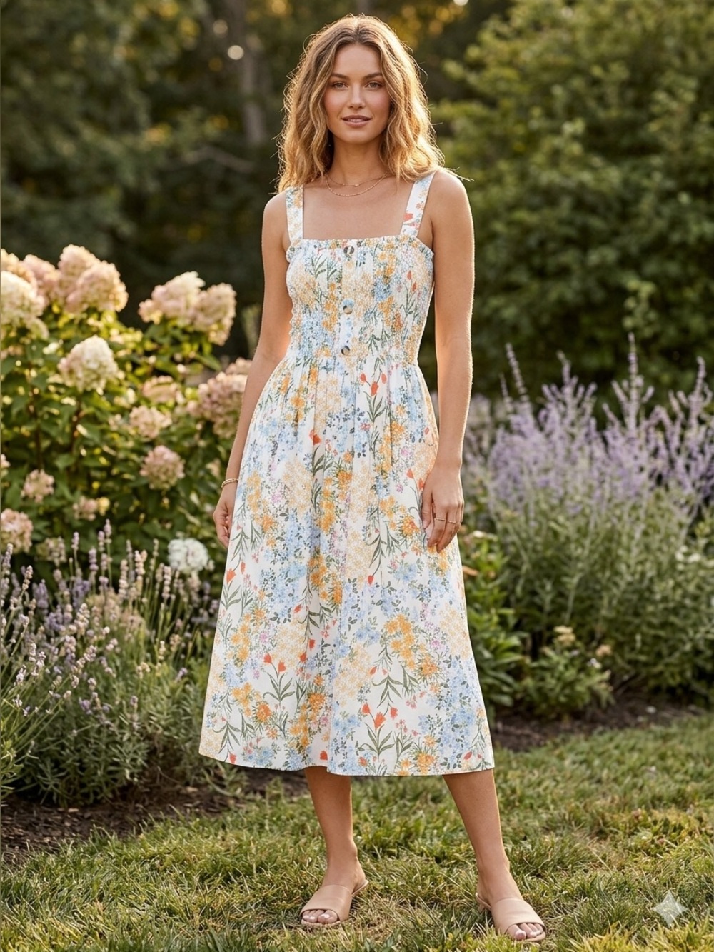 NWT Liberty Love White Floral Smocked Midi Dress with Pastel Blooms